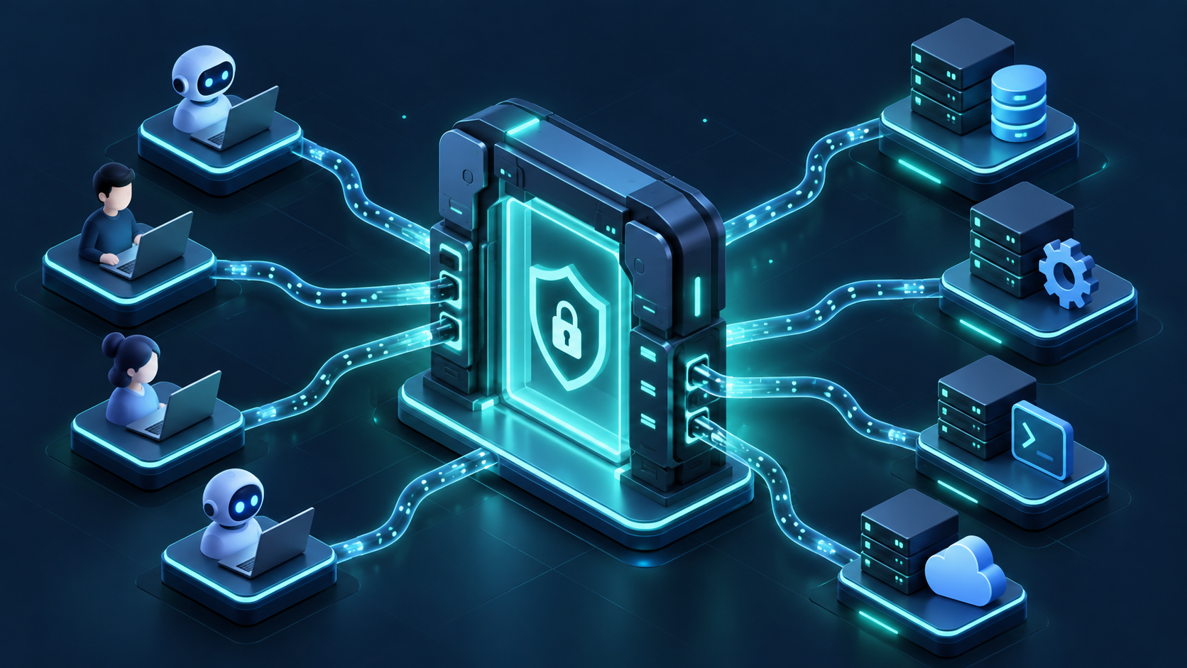 Illustration of a gateway connecting AI clients to MCP servers