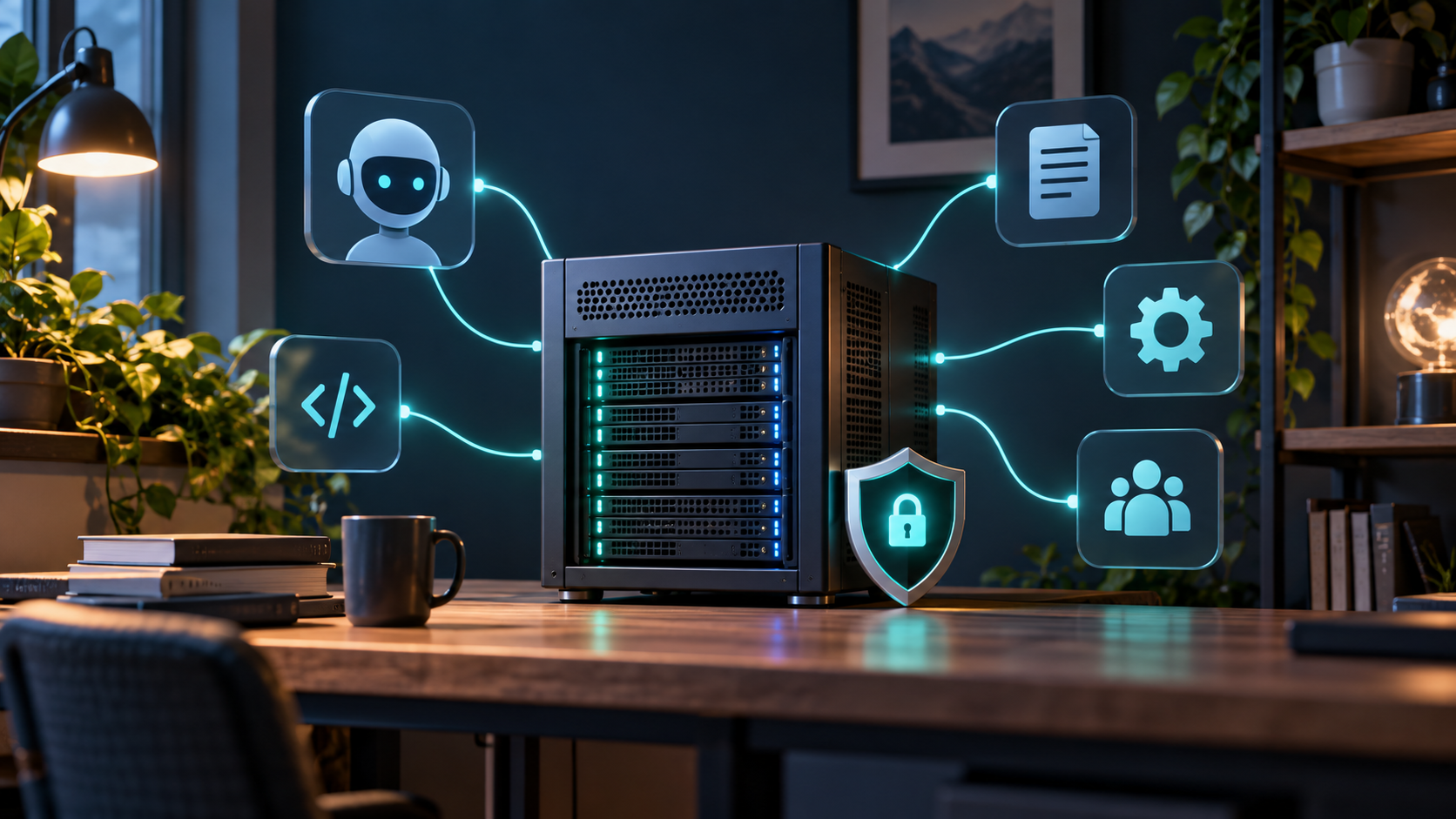 Illustration of a self-hosted server connected to AI tools